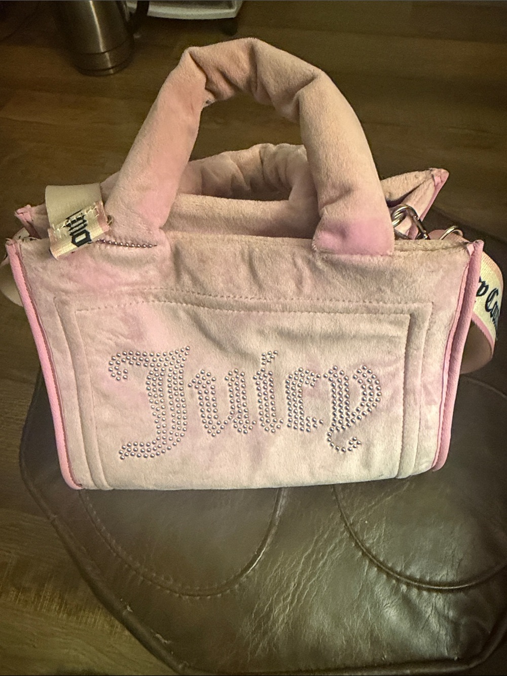 Juicy Couture Light Pink Velour Mini Bag with Rhinestone Logo